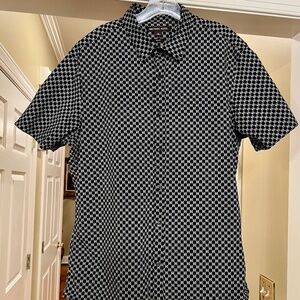 EUC Men's Michael Kors Black White All Over Logo Slim Fit Button Front Shirt XL